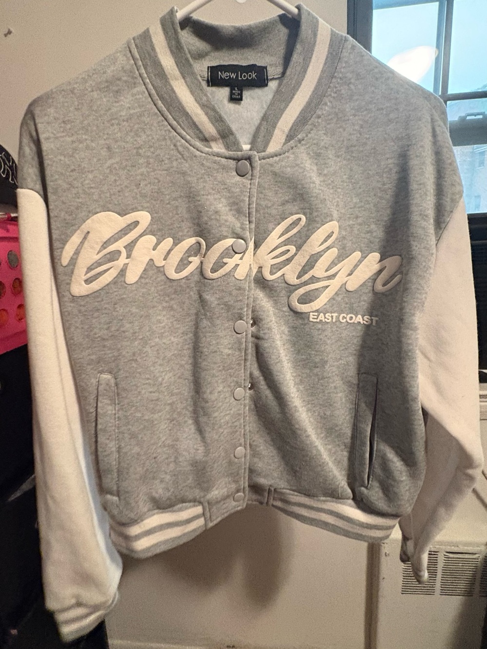 New Look Grey and White Varsity-Style Snap Jacket